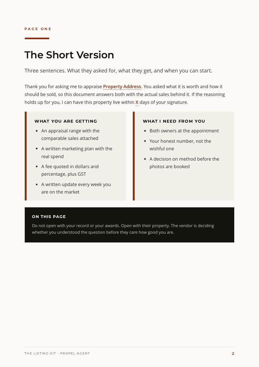 Appraisal Proposal, the short version page